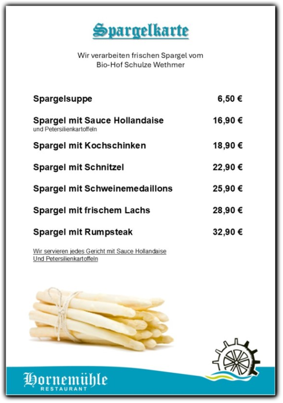 Speisekarte Spargelkarte Speisekarte Spargelkarte